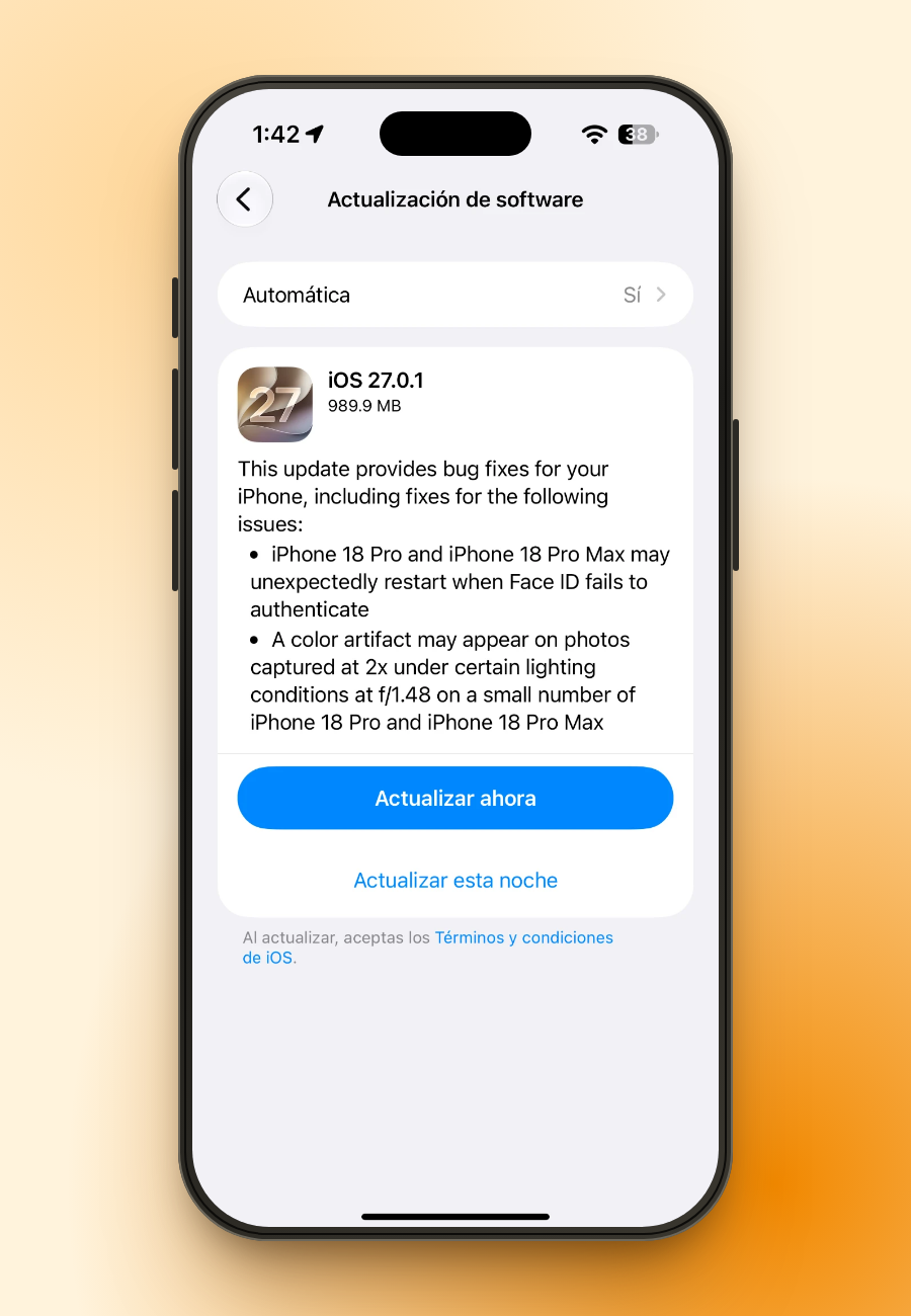 Pantalla de Actualización de software del iPhone con iOS 27.0.1 disponible, 989,9 MB, y los botones Actualizar ahora y Actualizar esta noche