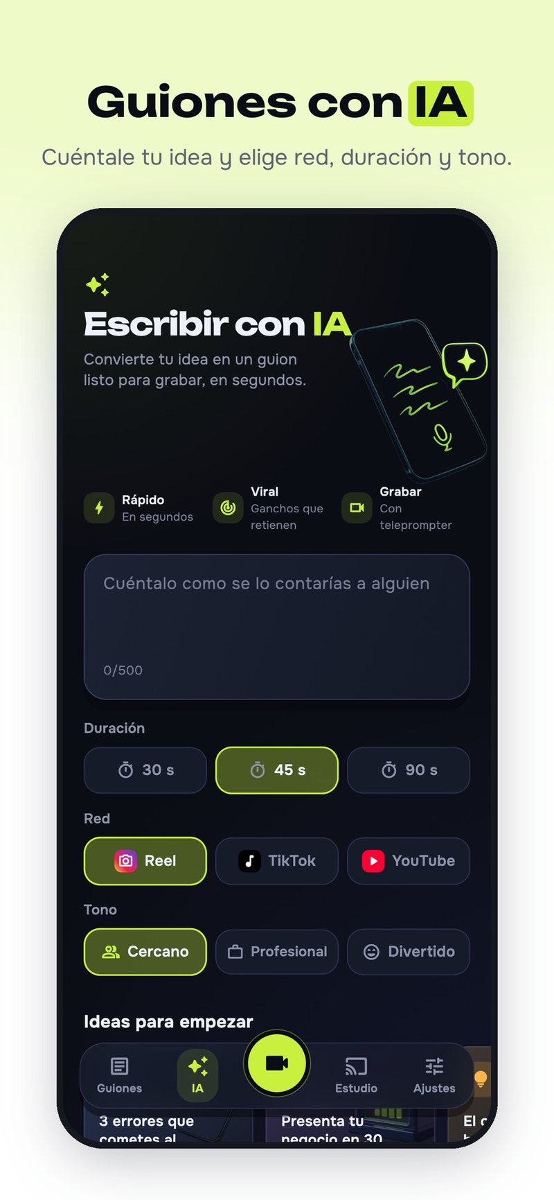 Pantalla Escribir con IA de VYRO Prompt con el campo para contar la idea y las opciones de duración, red social y tono