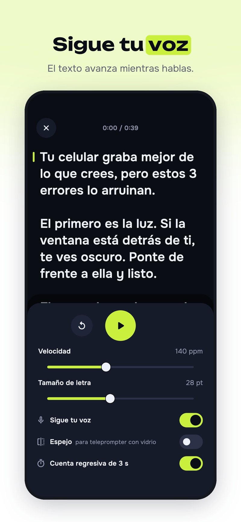 Pantalla de lectura de VYRO Prompt con el guion en letra grande y los controles de velocidad en palabras por minuto, tamaño de letra, Sigue tu voz, modo espejo y cuenta regresiva